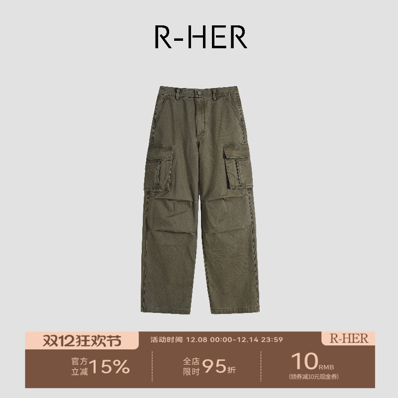 R-HER“橄榄旧街”秋冬做旧休闲裤直筒时尚宽松户外工装裤RW5NK20