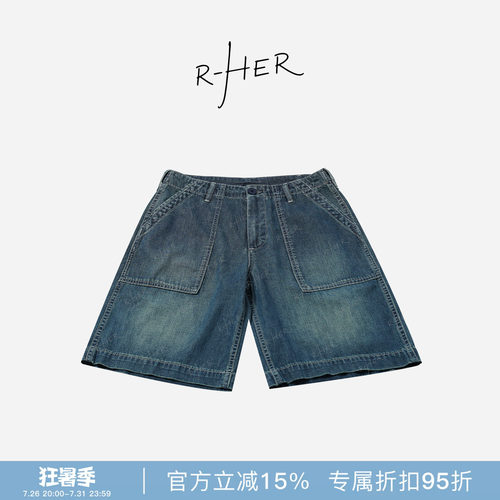 RHER STUDIO“阔袋靛蓝”夏季潮牌宽松休闲五分中裤牛仔短裤K2598