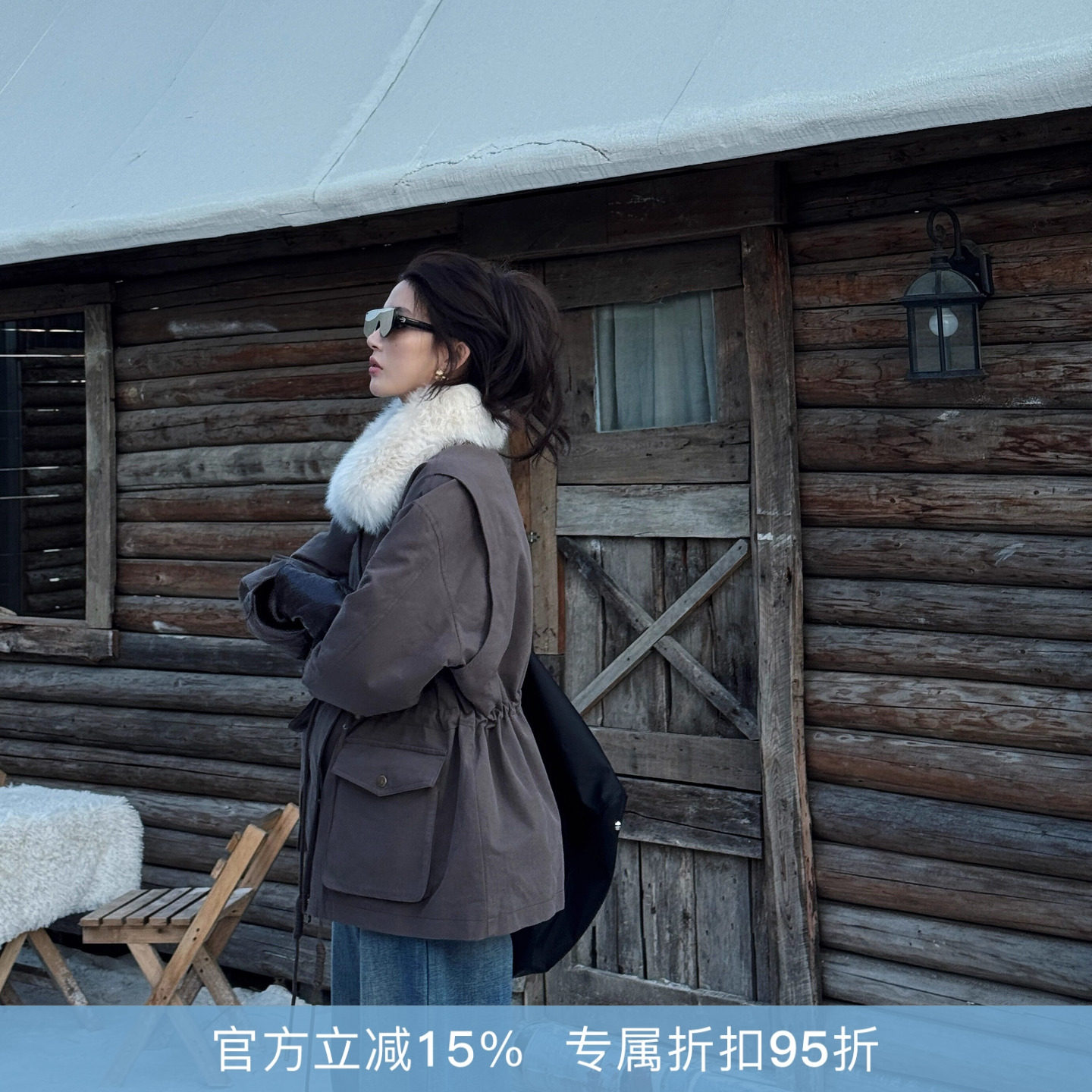 R-HER“焦糖暖绒”复古工装设计感90白鹅绒毛领派克服皮草外套女