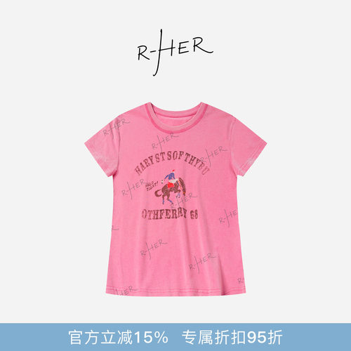 RHER STUDIO“100棉短袖”夏季新款复古印花圆领百搭显瘦短袖TT08