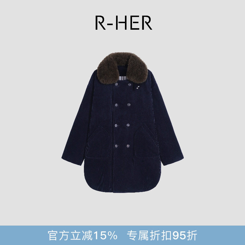 R-HER“蓝莓慕斯”厚款藏青山羊绒拼毛绒领双排扣毛呢外套RW5NC26