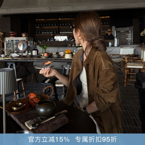 R-HER“赫本风”复古慵懒风束腰翻领磨砂工艺羊皮革皮衣外套PF816