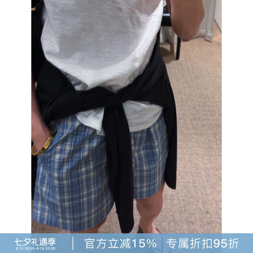 RHER STUDIO“海盐蓝格”复古格子女夏季舒适短裤K782A