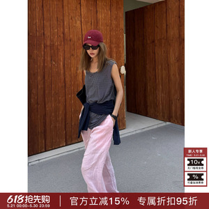 RHER STUDIO“樱粉亚麻”春夏简约百搭褶皱宽松垂感直筒裤女K0597