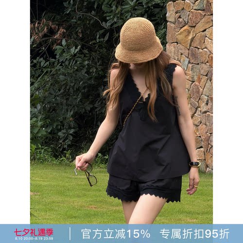 RHER STUDIO“波浪花边套装”100棉黑色背心短裤时尚套装ZRG14