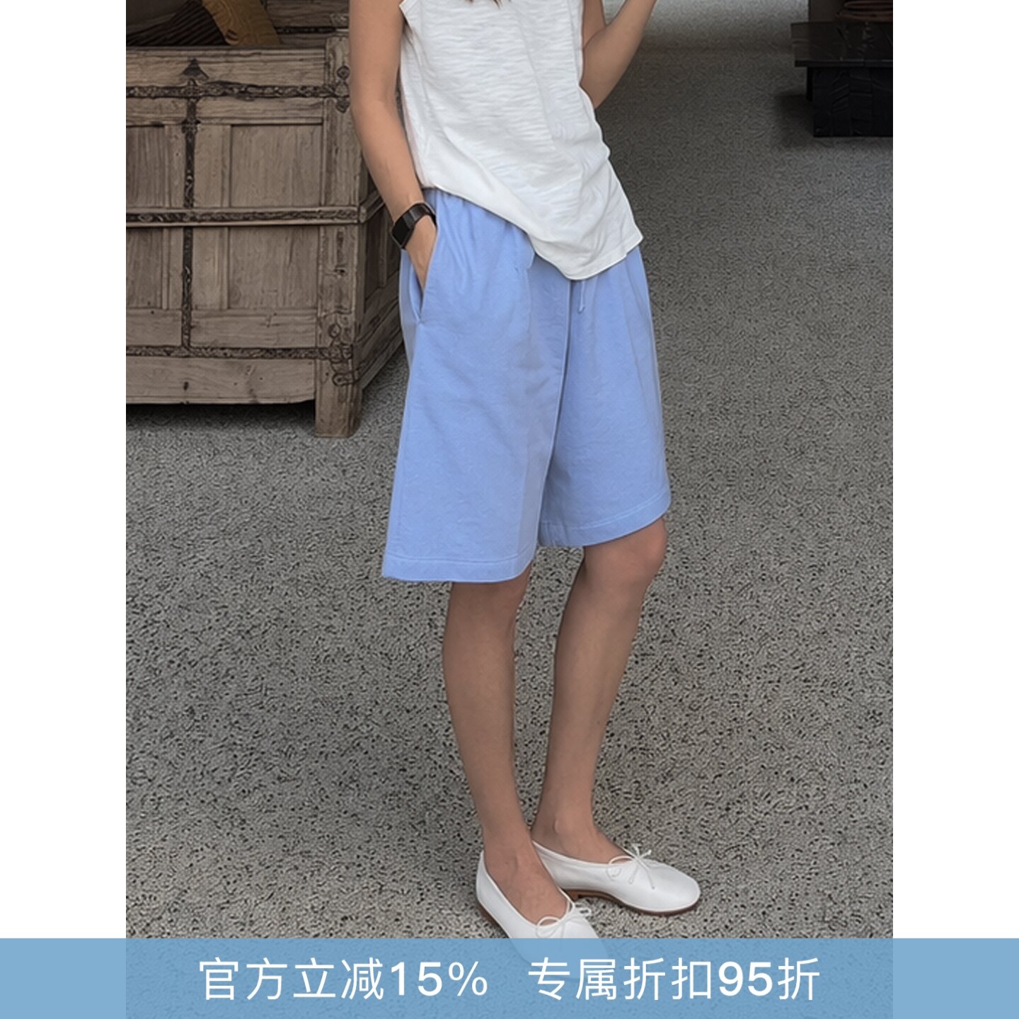 RHER STUDIO 夏季蓝色低腰直筒休闲裤女运动通勤百搭短裤K1735