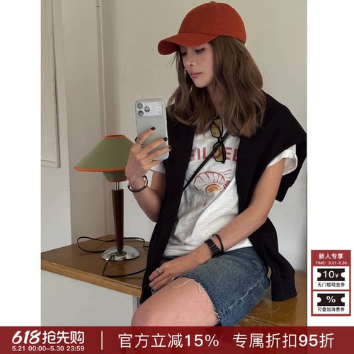 RHER STUDIO“CRISPY”夏季新款手绘印花圆领休闲百搭显瘦短袖T10