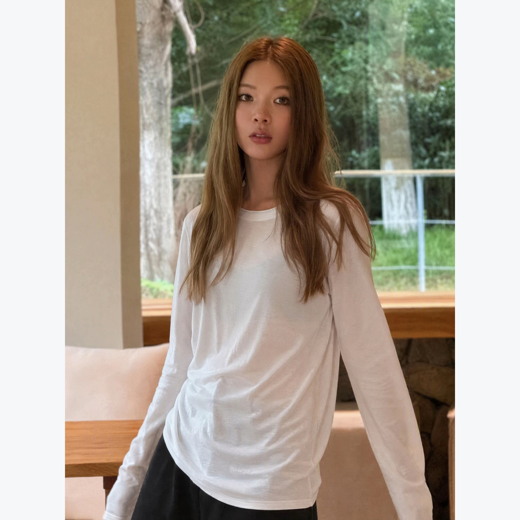 RHER STUDIO 圆领长袖宽松显瘦休闲百搭内搭打底衫纯色上衣TT130