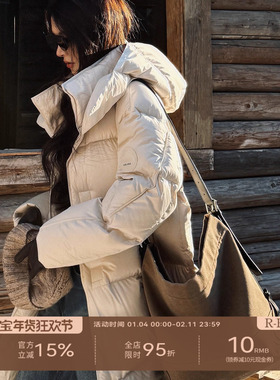 R-HER“松涧雾绒”95白鹅绒2025新款百搭连帽保暖长款菱格羽绒服