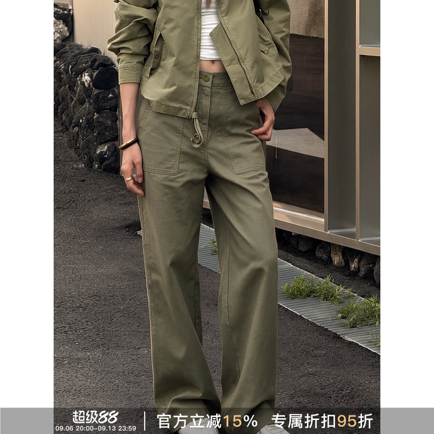 RHER复古高腰显瘦直筒工装女裤