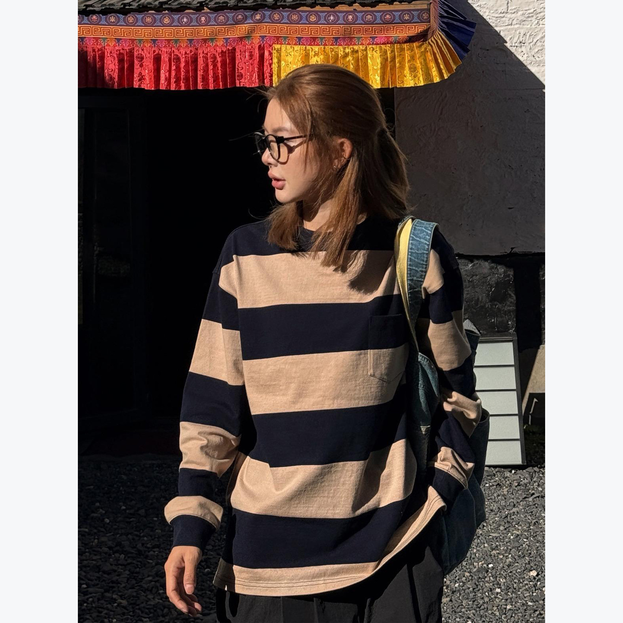 RHER STUDIO 复古撞色条纹圆领宽松慵懒软糯百搭休闲上衣T0022