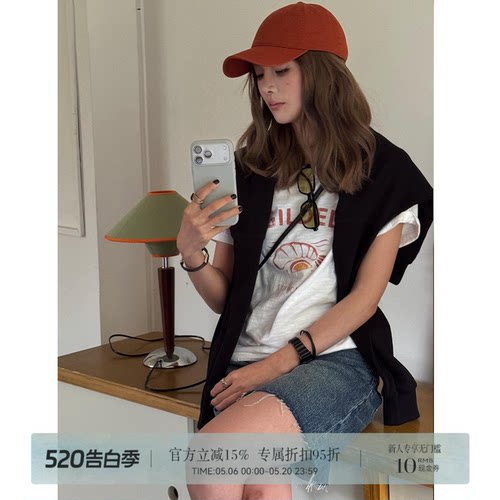 RHER STUDIO“CRISPY”夏季新款手绘印花圆领休闲百搭显瘦短袖T10