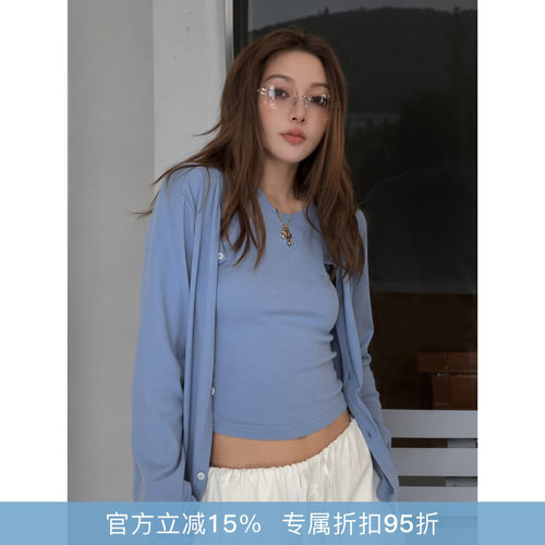 RHER STUDIO 蓝色纯棉薄款长袖T恤女秋季修身显瘦百搭上衣S0973