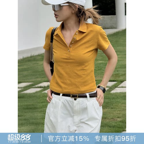 夏季姜黄小翻领排扣显瘦短袖上衣