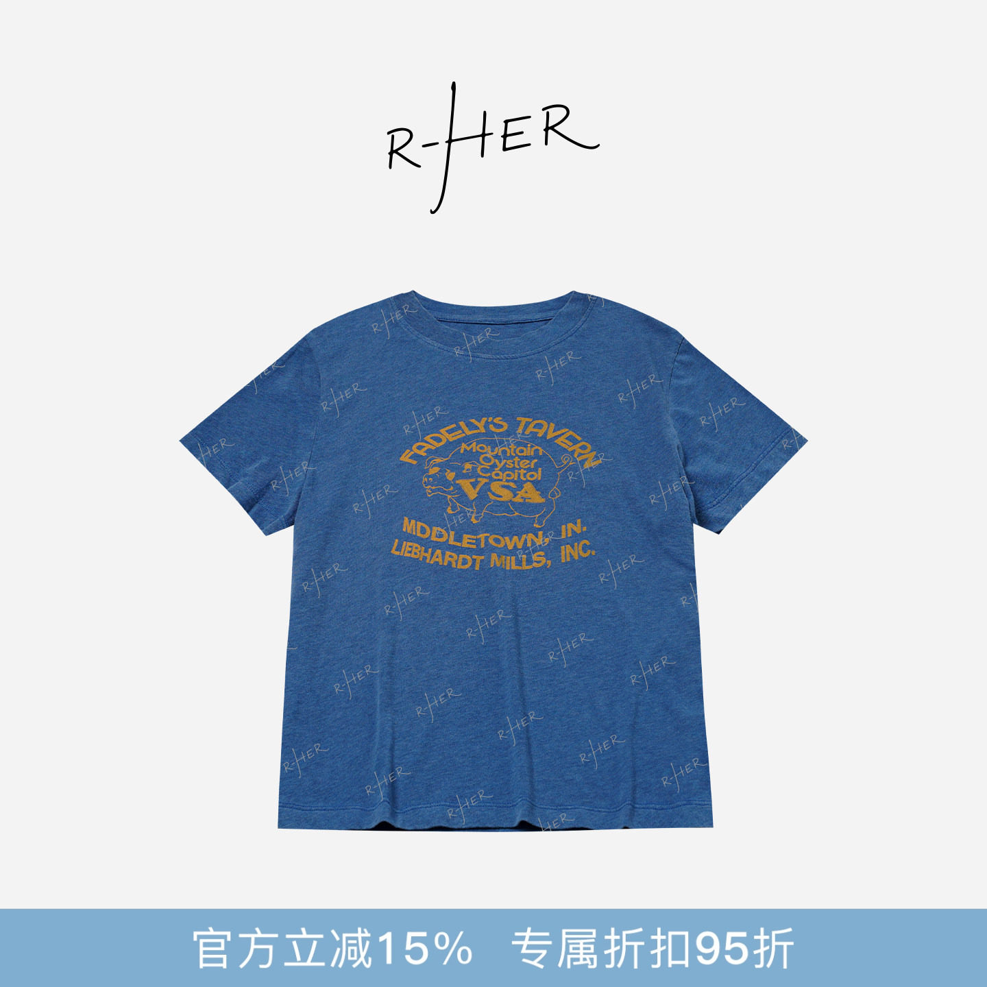 RHER STUDIO“普鲁士蓝小猪T”简约印花干爽透气显瘦正肩短袖T275