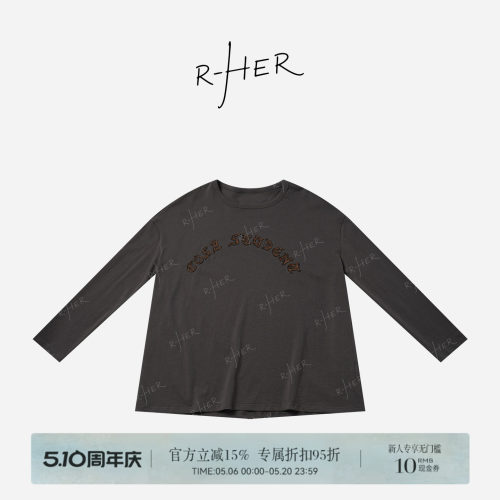 RHER STUDIO“雾灰美式短袖”复古宽松圆领字母贴布绣长袖上衣T02