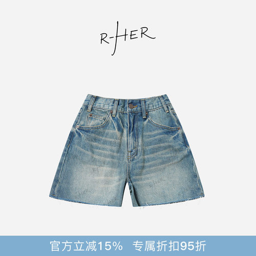 RHER STUDIO“磨边短牛”夏季新款高腰显瘦百搭宽松牛仔短裤K0402