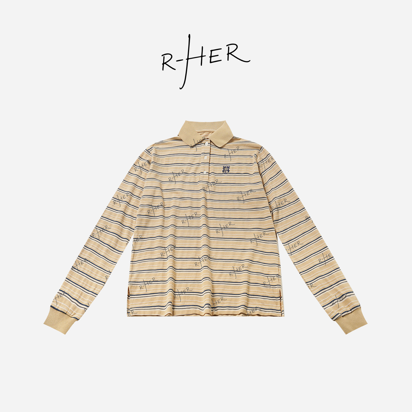 RHER STUDIO 早秋新款条纹绣花翻领显瘦百搭休闲长袖POLO衫T6286