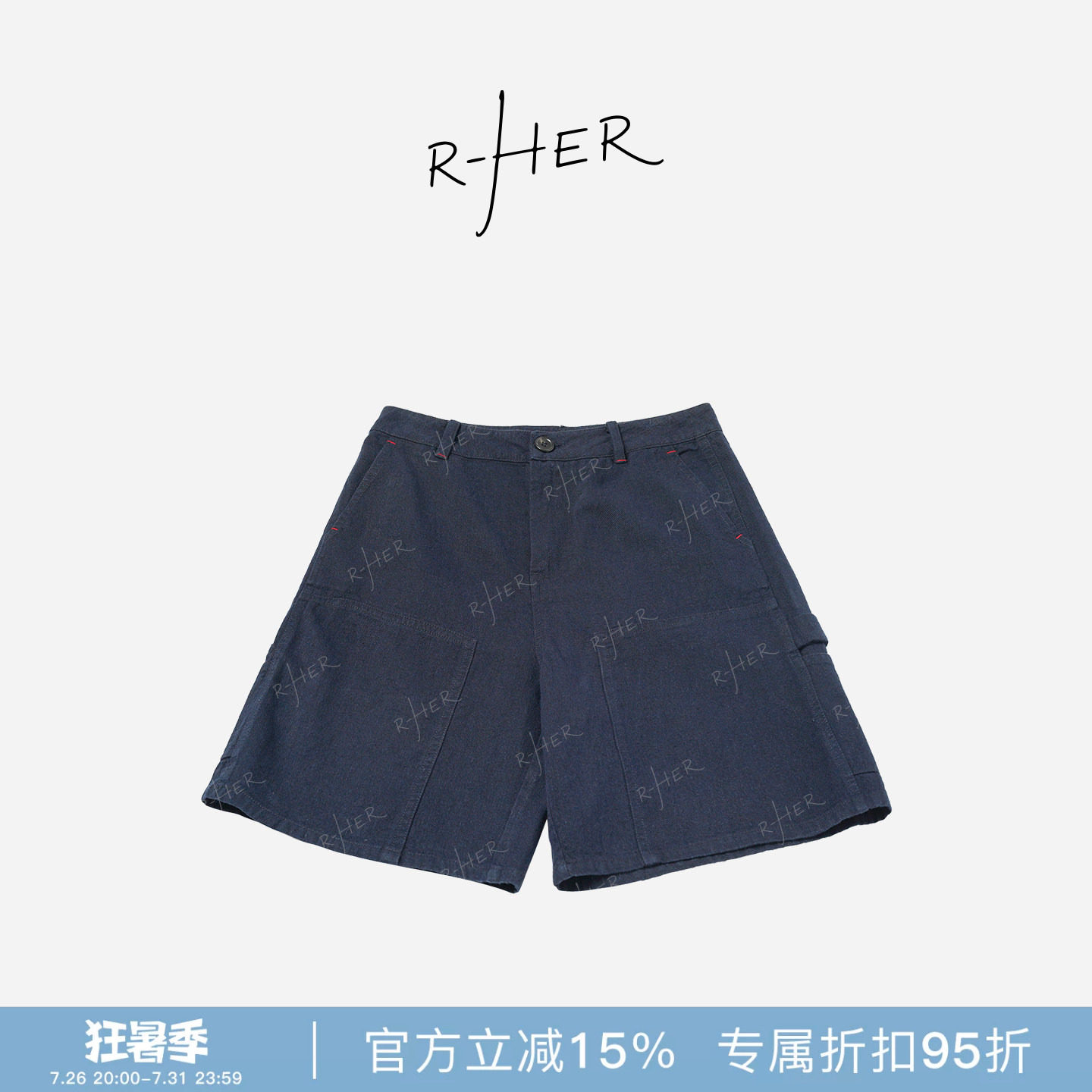 RHER STUDIO“美式工装短裤”棉麻夏季高腰显瘦宽松口袋短裤K6022