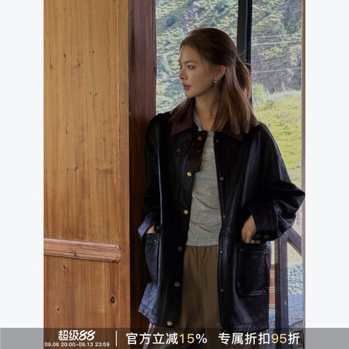 RHER STUDIO”金扣绒领“轻奢气质工装风中长款时尚百搭皮外套P12