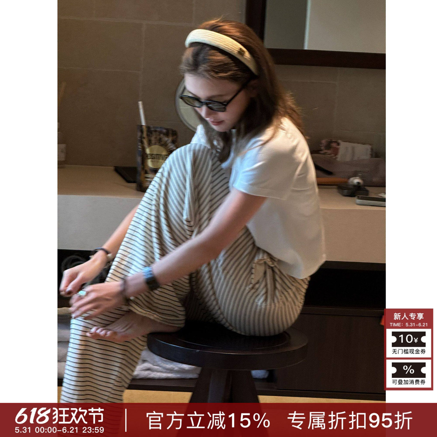 RHER STUDIO“纯棉遛弯裤”春夏简约百搭垂感显瘦条纹阔腿女裤K51