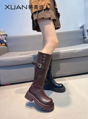 轩美诗2025新款秋冬复古百搭舒适休闲鞋骑士靴女靴子60173