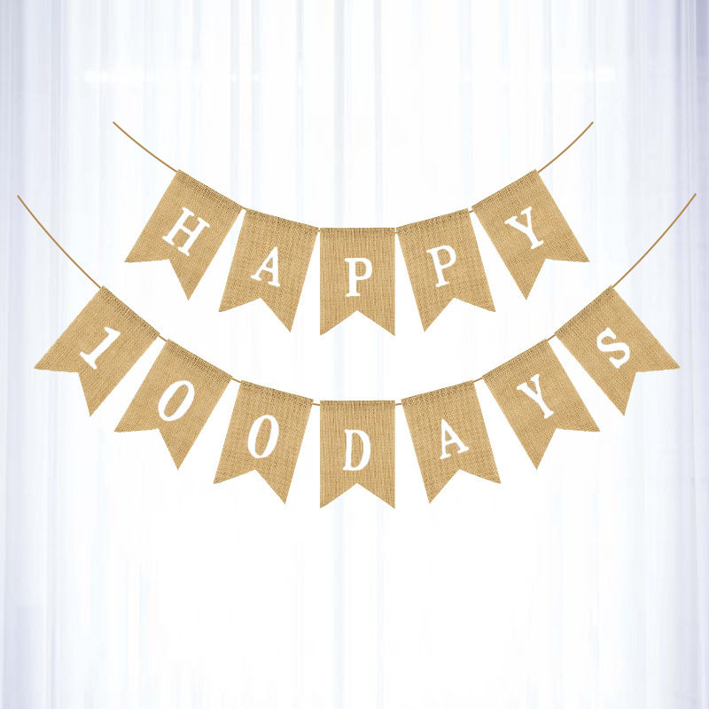 生日装饰鱼尾旗宝宝100天串旗百天HAPPY 100 DAYS麻布燕尾拉旗