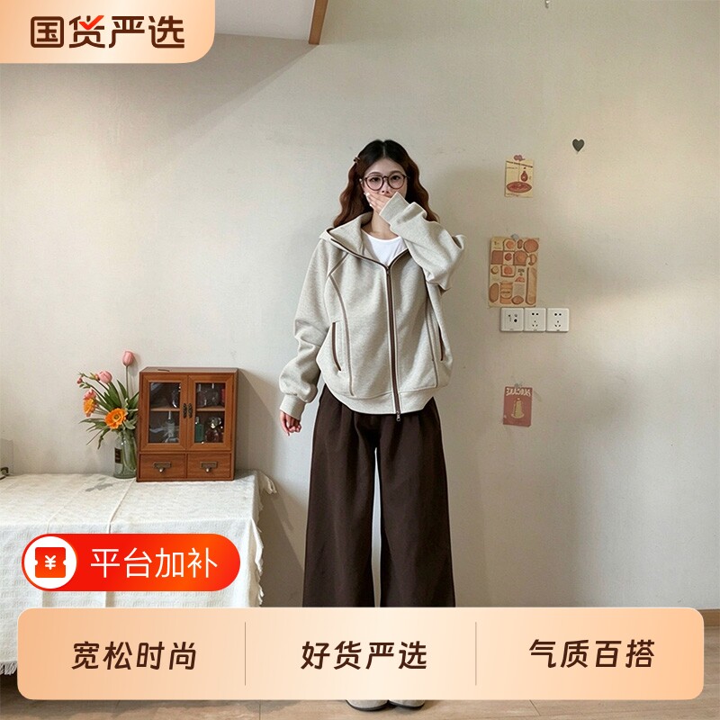 运动休闲短外套秋韩系慵懒情侣哈苏线设计连帽卫衣开衫宽松夹克潮