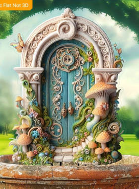 2D平面奇幻仙女门亚克力花园插牌，蓝色门与蘑菇设计 - 迷人的户