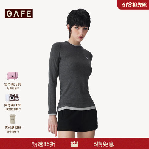 GAFE长袖修身显瘦撞色双层领