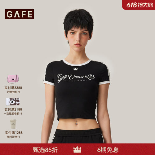 GAFE 皇冠圆领短袖蕾丝T恤女春夏新款轻奢潮牌辣妹打底衫体恤上衣