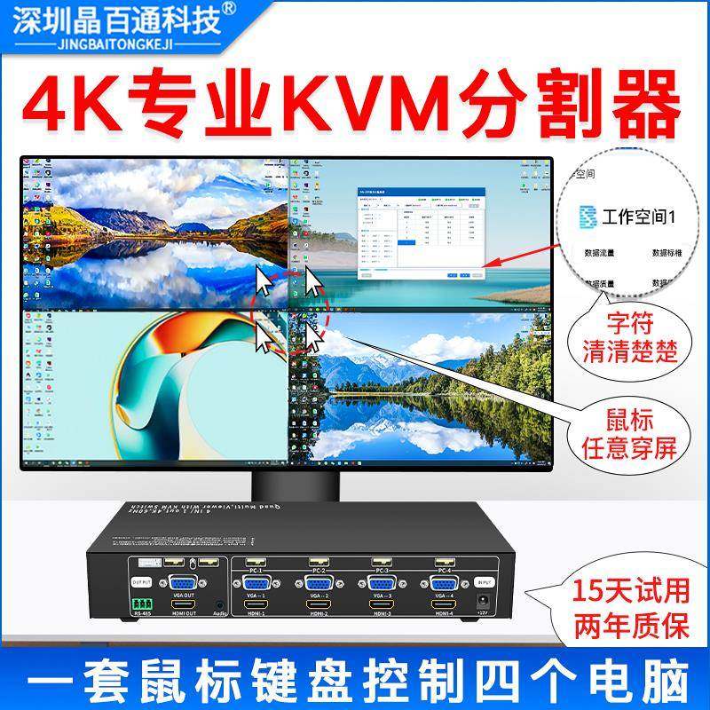 4k60hz电脑多屏kvm画面分割器vga四进一出监控显示hdmi4口分屏器