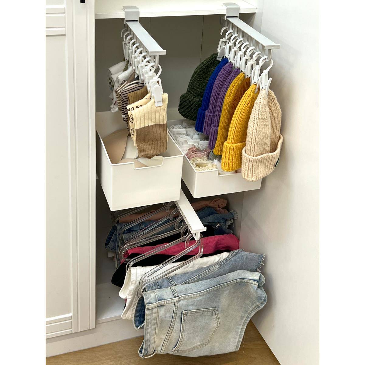 裤架伸缩滑轨衣柜存储内置拉出顶部安装无打孔家用衣服挂杆折叠架