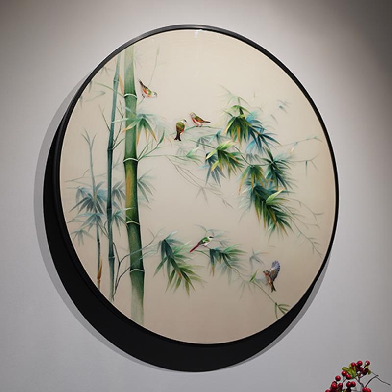 竹报平安新中式圆形高档手工苏绣挂画书房客厅玄关刺绣成品装饰画图片