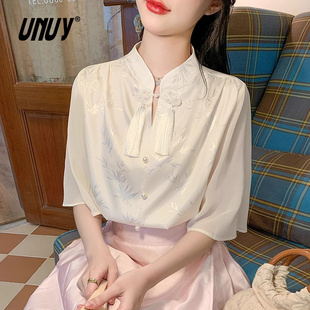 2025夏季 新中式 小衫 雪紡拼接緞面襯衫 盤扣上衣女立領(lǐng)釘珠提花短袖