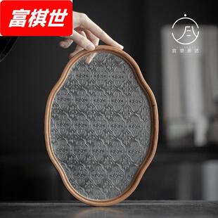 海棠玻璃壶承茶托盘复古竹制茶盘家用干果盘收纳盘 日式