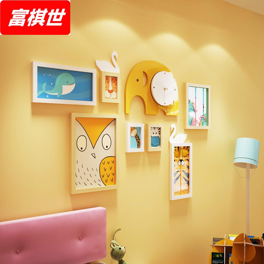 高分子6181卡通动物照片墙儿童组合相框装饰画大象真钟表可换相片图片