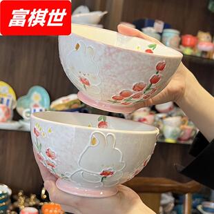濑户烧碗手绘可爱兔子饭碗家用米饭碗面碗汤碗沙拉碗甜品碗釉下彩