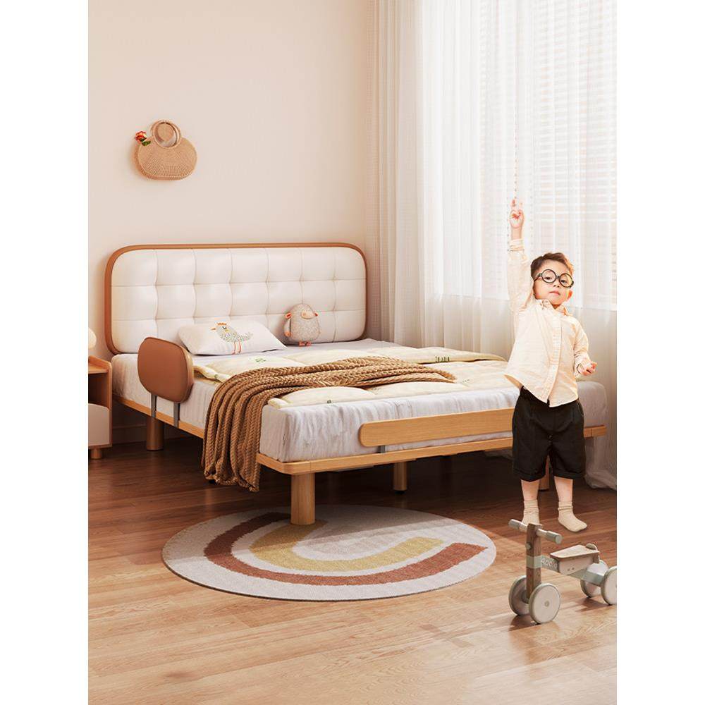 儿童床男孩女孩全实木饼干床小户型超薄床头带护栏真皮软包单人床