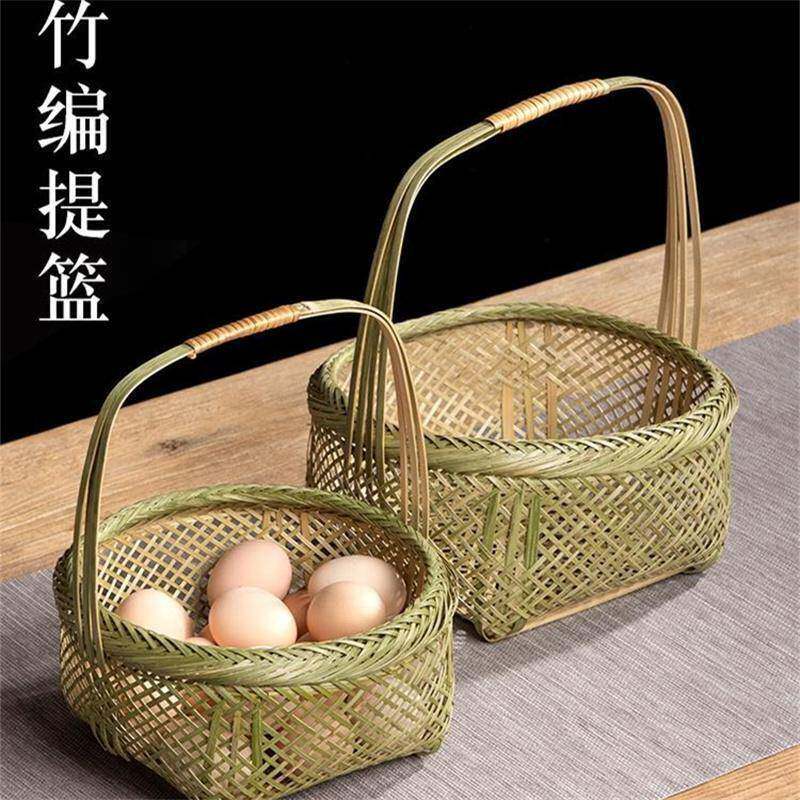 天然竹编篮子手工小提篮水果篮鸡蛋筐手提篮圆形菜篮子家用竹制品