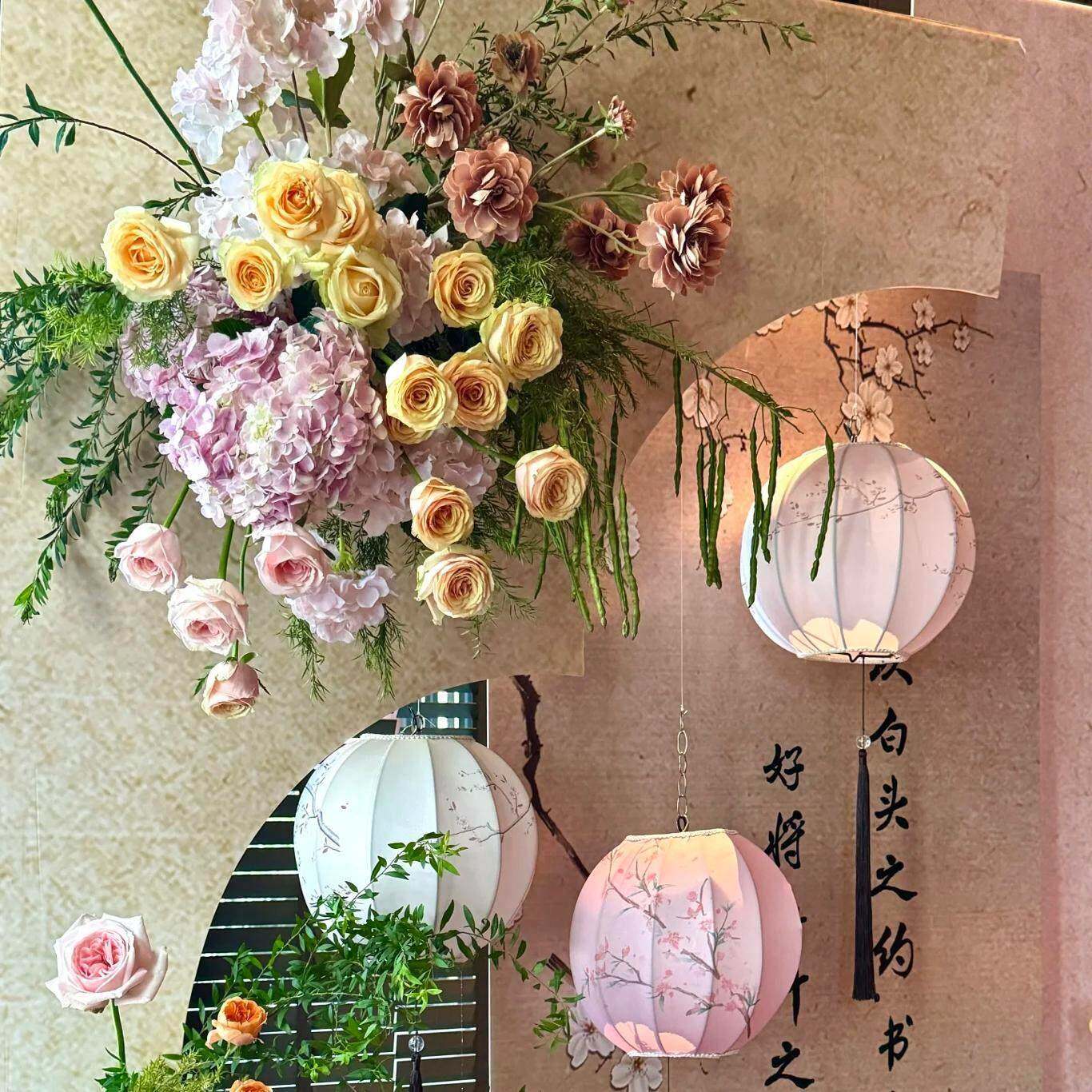 新中式面料铁框圆灯室内外节日装饰街套挂饰