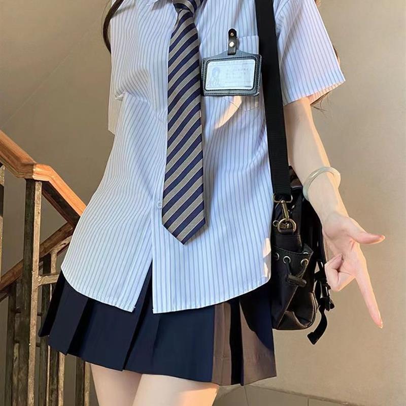 夏季新款条纹衬衫短袖女日系jk制服衬衣学院风宽松百搭别致上衣服