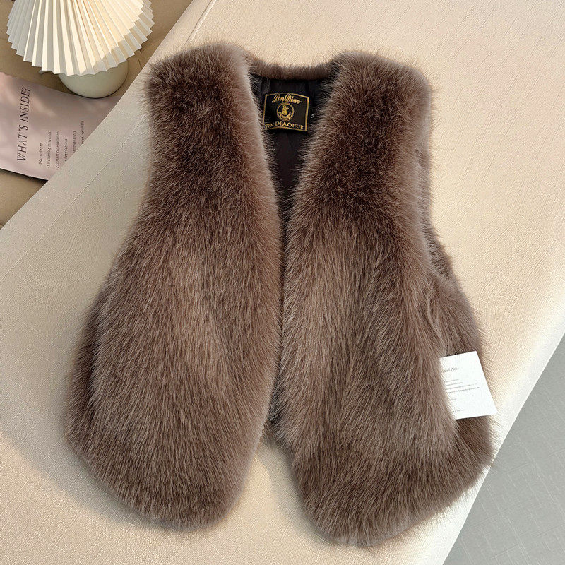 摩卡棕深咖V领气质女2025秋冬新款大码背心时尚仿狐狸毛马甲百搭