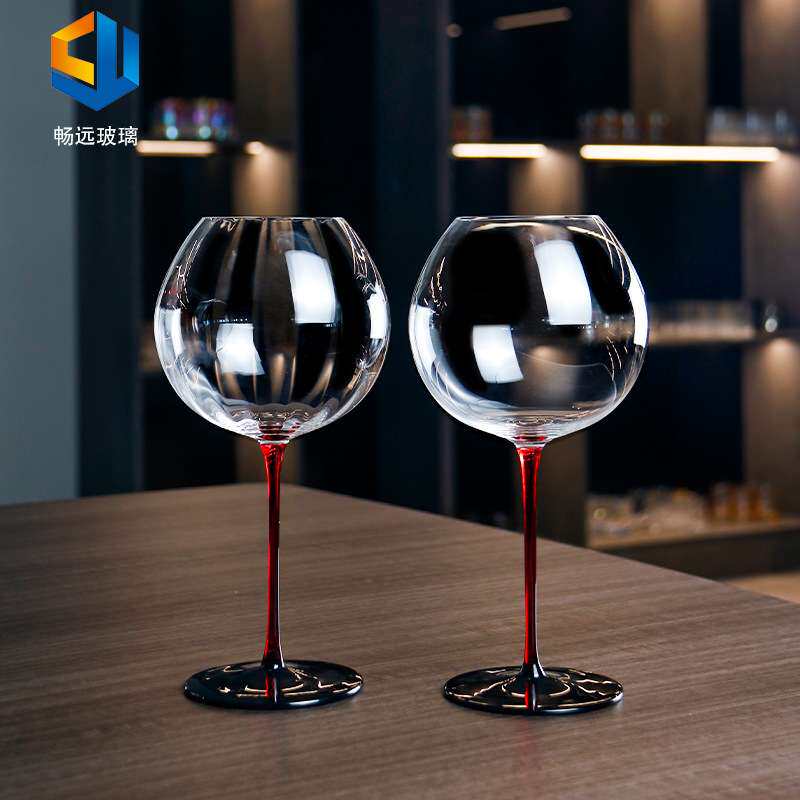 轻奢水晶勃垦地红酒杯红挺黑底凹底酒杯波尔多香槟杯葡萄高脚手绘