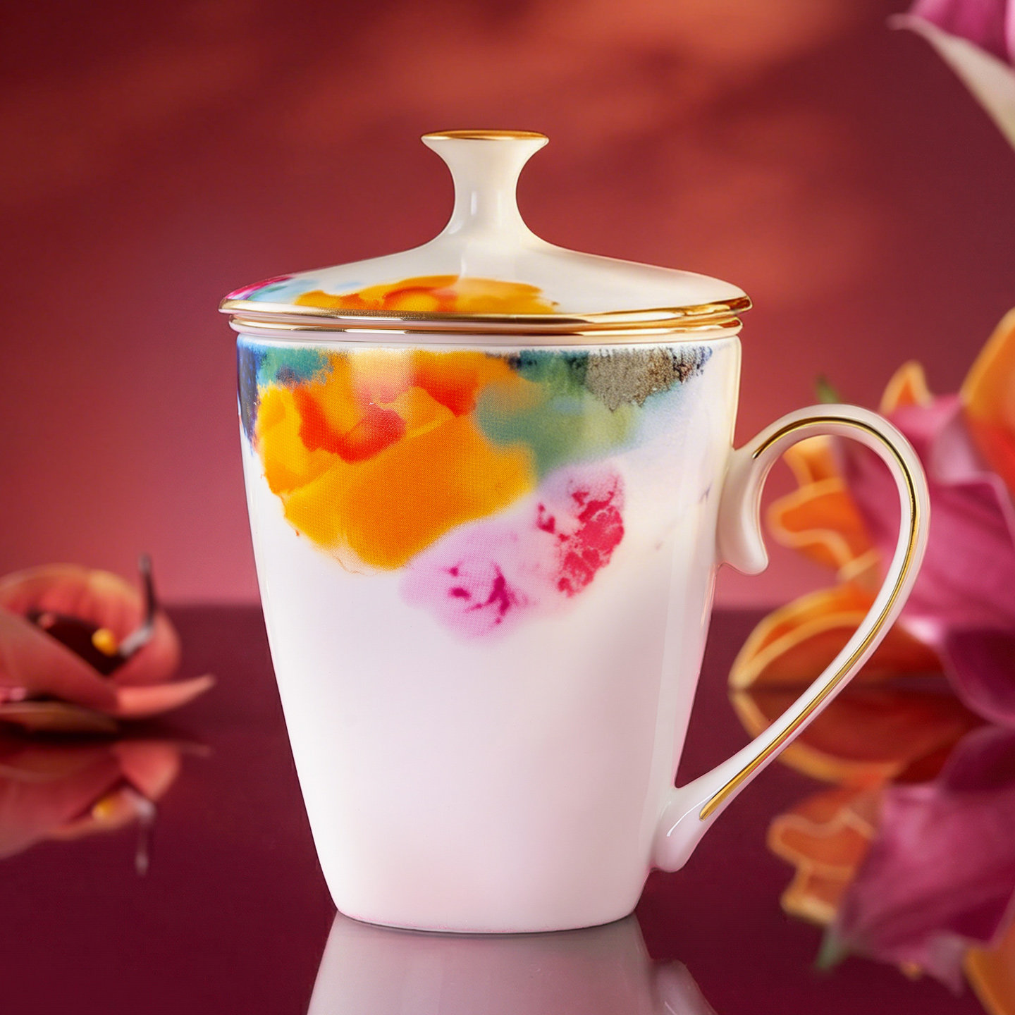 华光国瓷水杯盖杯会议杯茶杯带茶滤带盖万紫千红
