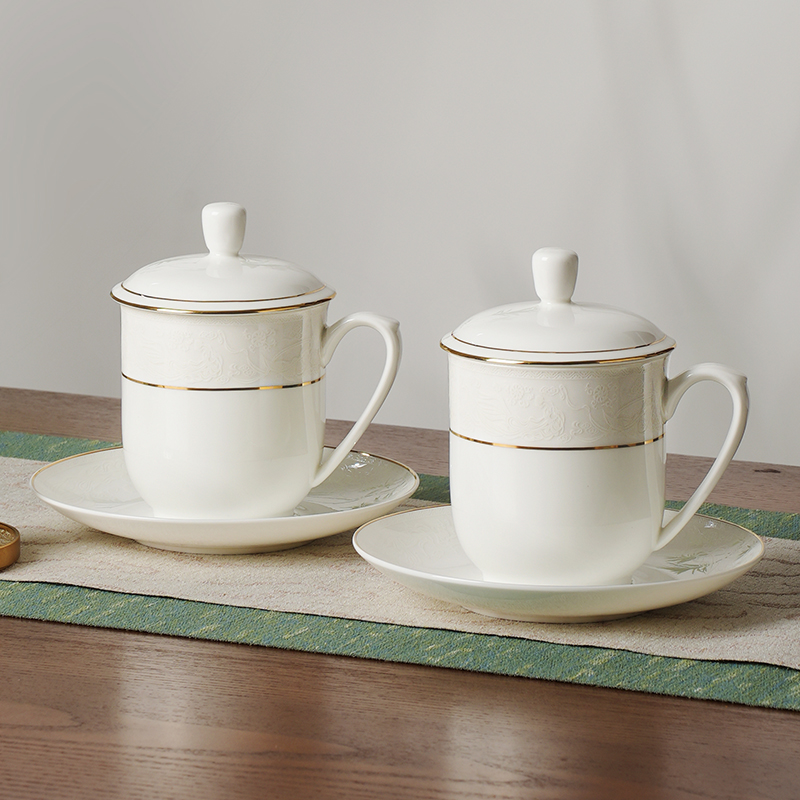 华光国瓷 景瓷景德镇骨瓷茶杯盖杯泡茶杯新中式喝水杯子会客杯碟