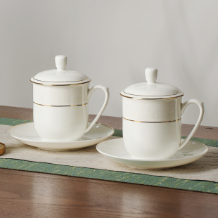 华光国瓷 景瓷景德镇骨瓷茶杯盖杯泡茶杯新中式喝水杯子会客杯碟