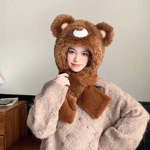 冬季新款卡通小熊帽子可爱毛绒围巾一体帽加厚保暖两件套骑行防风