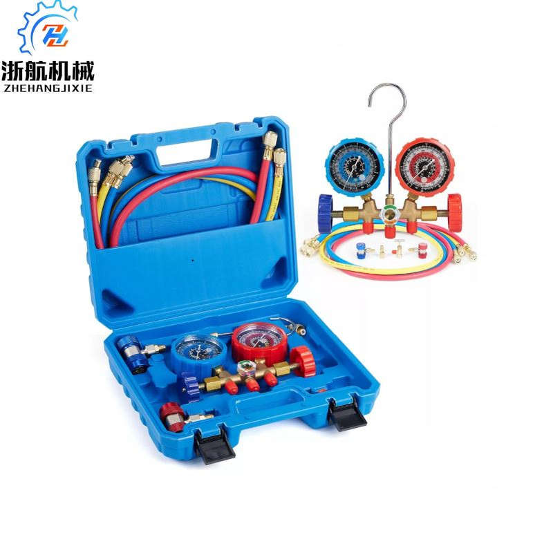 R134a汽车双表阀空调冷媒表组 家用空调加氟表 冷媒三色管
