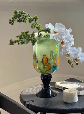 法式高脚玻璃花瓶高级感特别好看的桌面装饰琉璃花器复古绿色插花